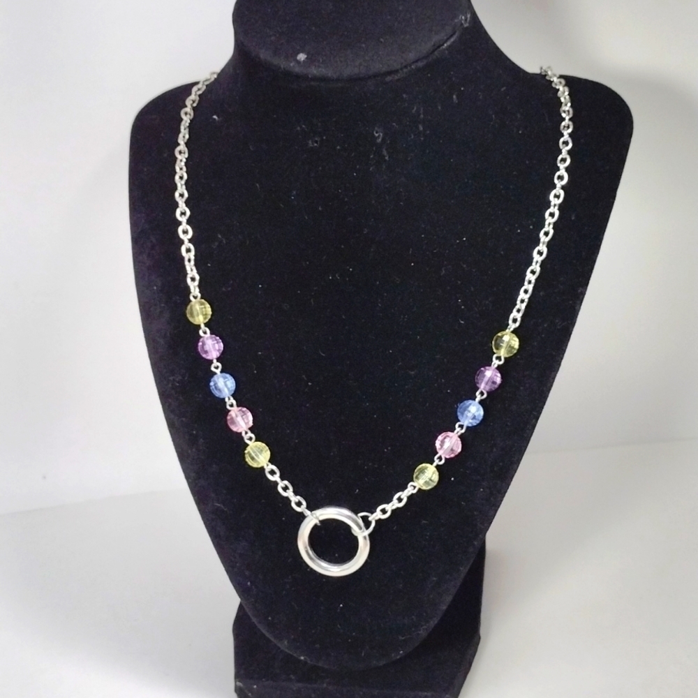 Multi Color Beads Silver Chain Hoop Necklac - 24-inch Fashion Jewelry - Picture 3 of 9